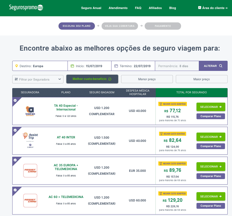 No site do Seguros Promo é possível comparar até 4 planos de seguro viagem paris