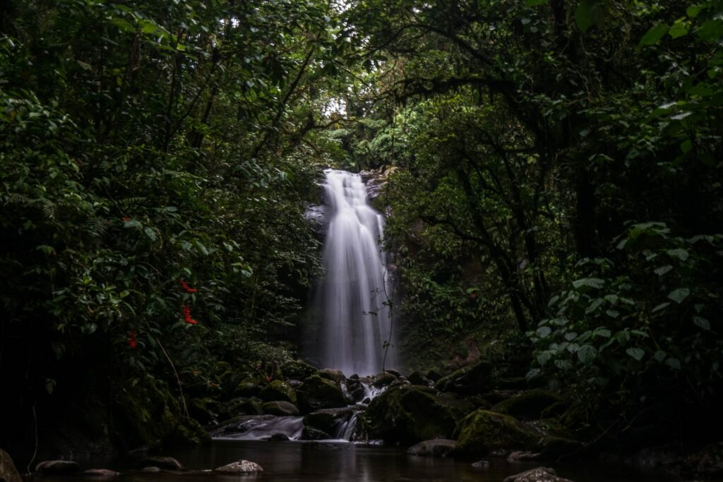 Queda de água límpida por entre uma montanha repleta de árvores e vegetação conhecida como Las Tres Cascadas na região de Los Naranjos no Panamá 