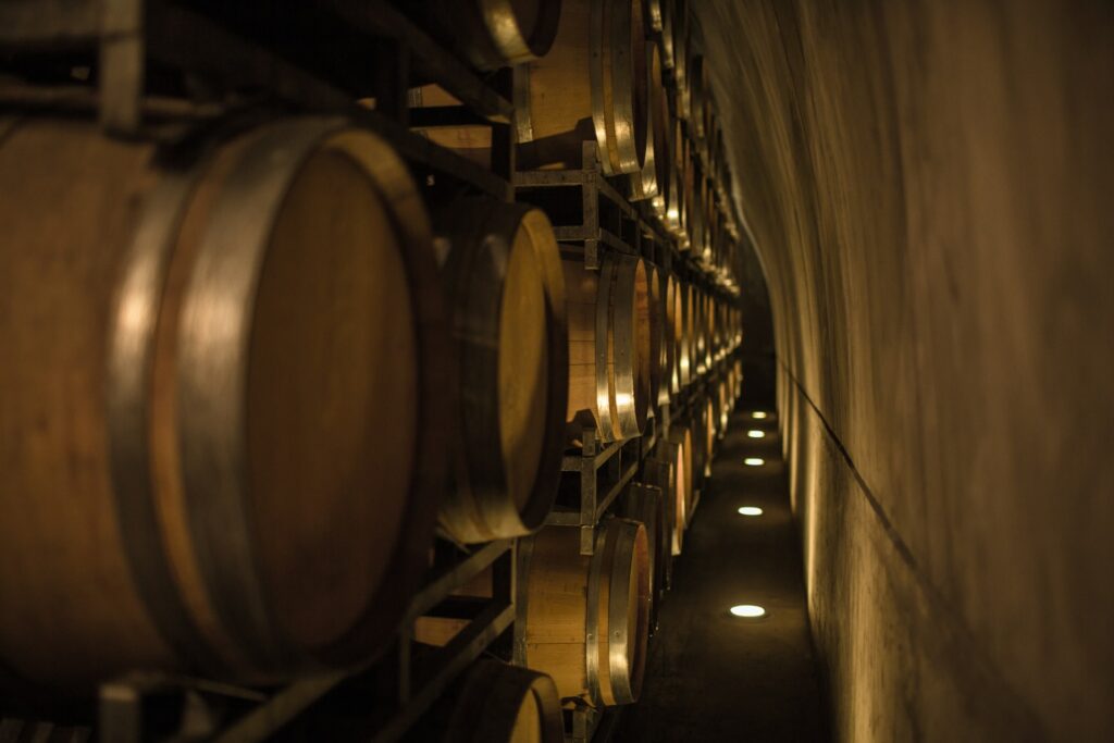 Barris de vinho enfileirados dentro de uma bodega. Seguro viagem Mendoza