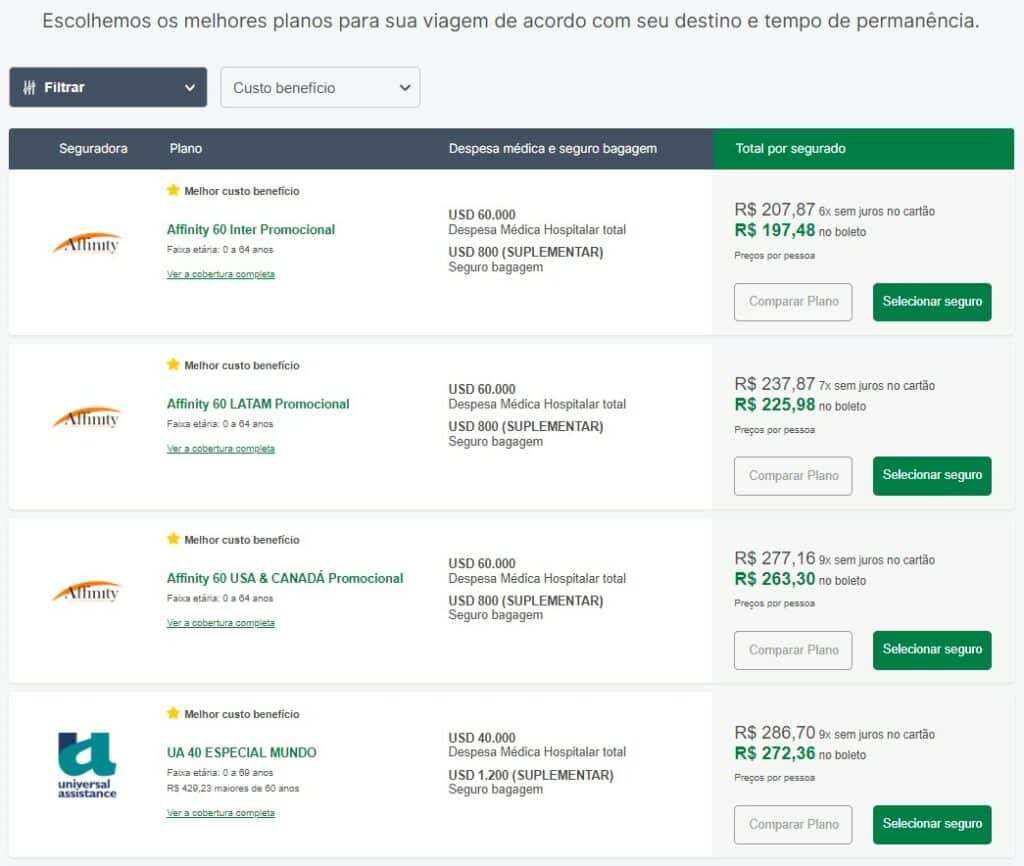 tela da Seguros Promo com os principais seguro viagem para Montevidéu