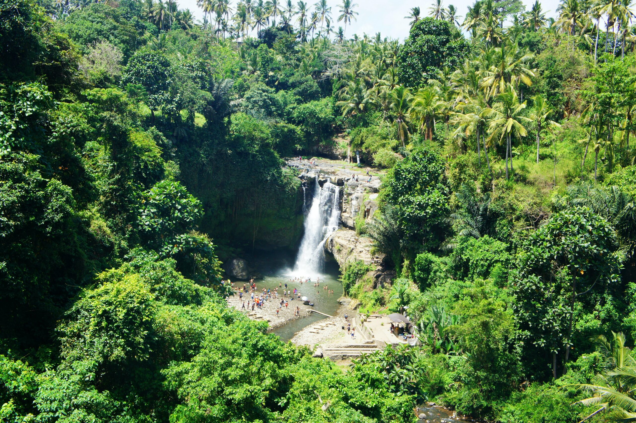 Vista da cachoeira em meio a selva em Wisata Air Terjun Tegenungan, Bali, Indonésia.