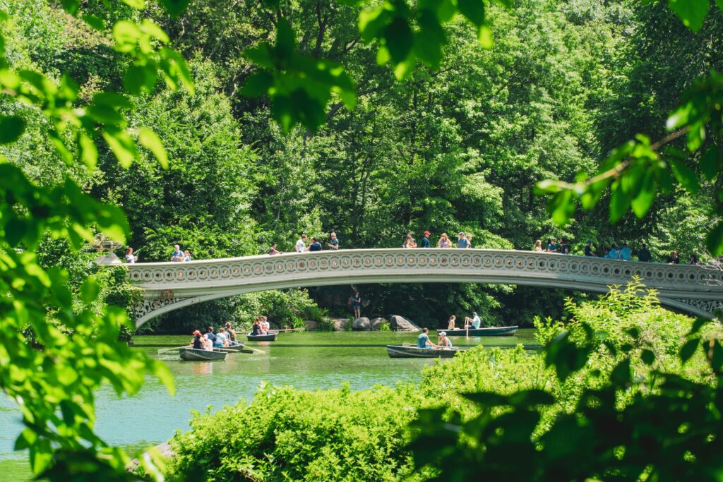 Central Park de dia com uma pequena ponte passando por cima de um lago com pessoas passeando em barquinhos à remo 