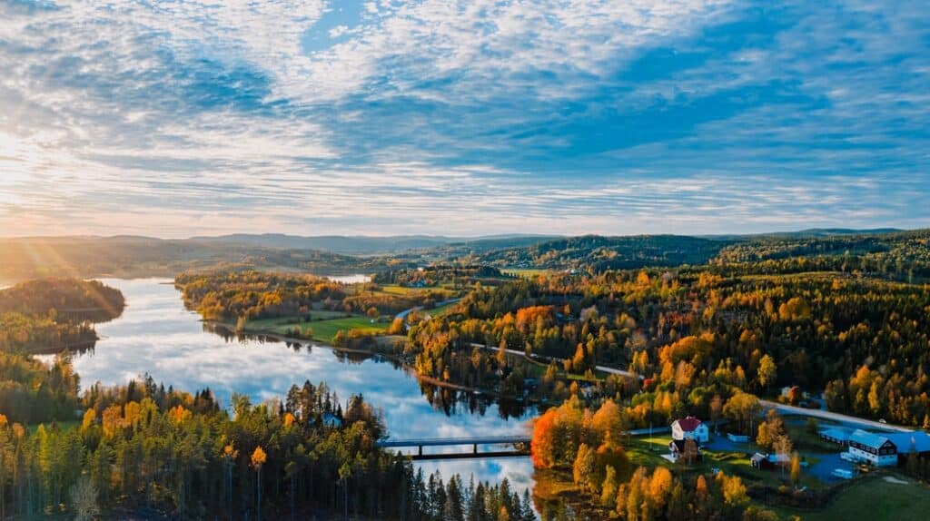 Lago sueco em meio a árvores em Härnösand, Suécia -Representa seguro viagem Suécia.