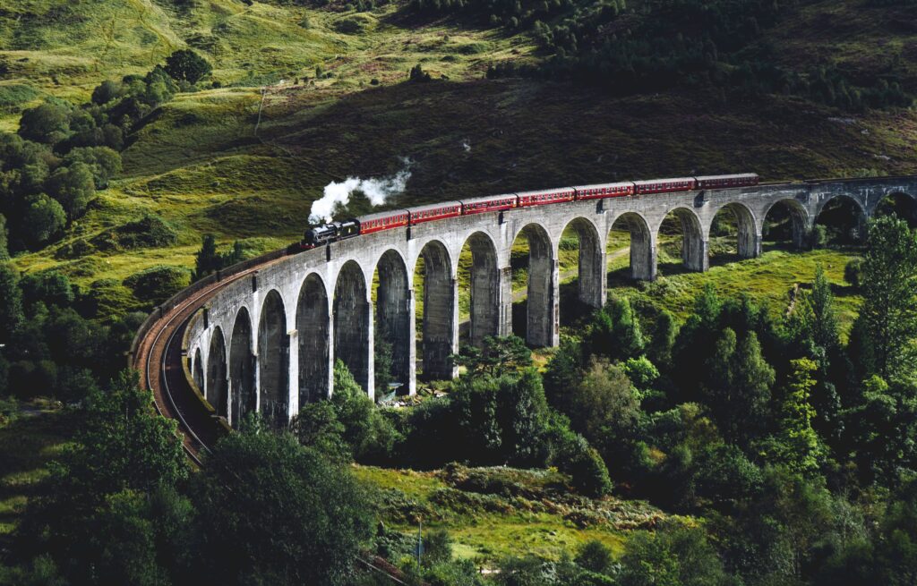 Trem andando em ponte no meio da natureza durante o dia.
