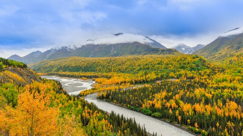 Algumas montanhas cobertas por nuvens cercadas por vegetação e árvores em tons de verde e amarelo, há um rio cortando a paisagem