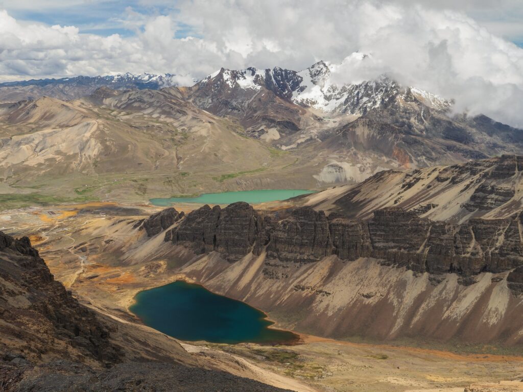 Monte Chacaltaya em La Paz, durante o dia com um lago ao meio em volta de montanhas.