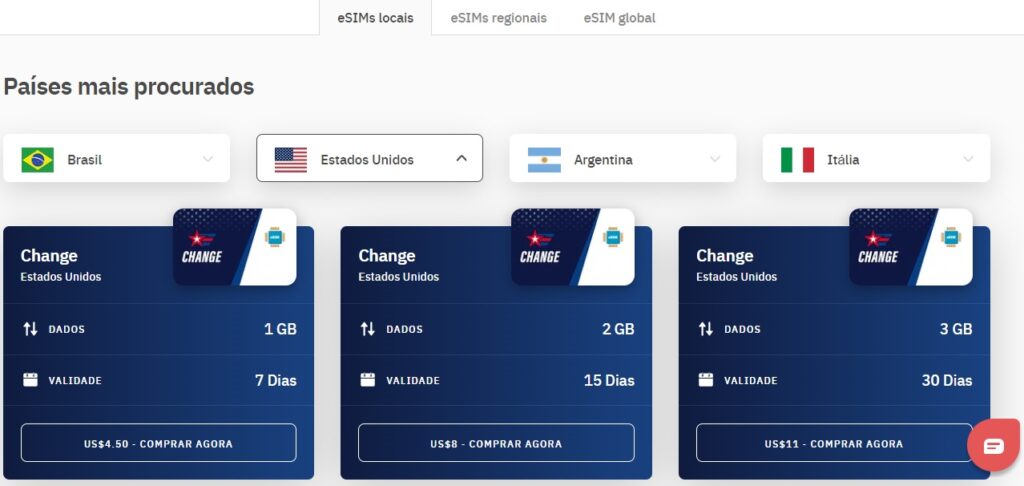Site da Airalo mostrando os planos dos eSIMs locais dos países mais procurados (Brasil, EUA, Argentina e Itália).