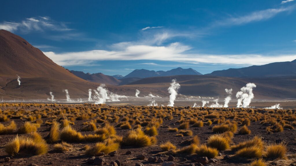 Vista de San Pedro de Atacama, com grama seca e montanhas ao fundo.