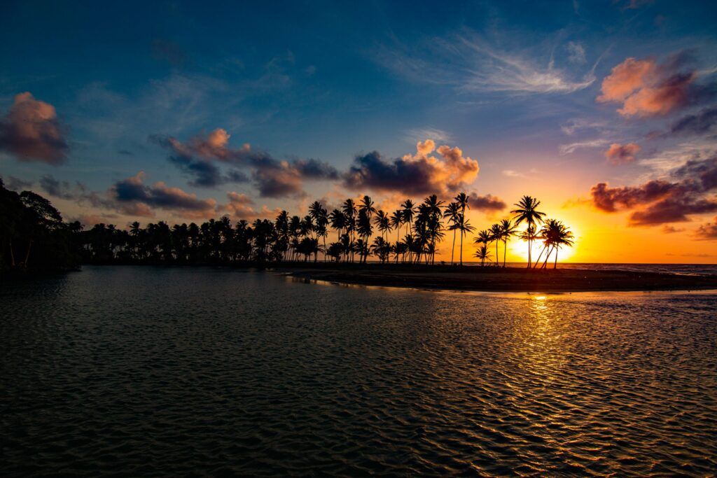 Pôr do sol na praia de Manzanilla, em Trindade e Tobago. O céu está numa coloração azul escuro e alaranjado perto do horizonte. Podemos ver o mar e a silhueta de vários coqueiros em uma faixa de areia. Foto para ilustrar o post de chip internacional para Trindade e Tobago.