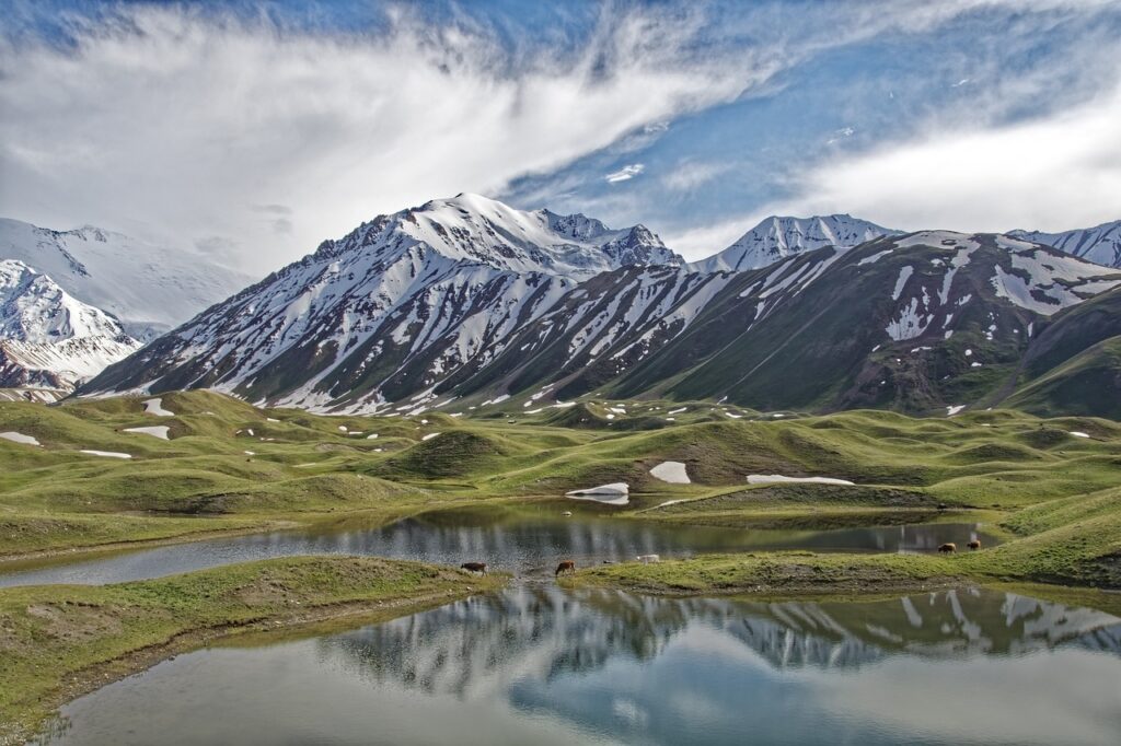 Imagem das Montanhas Pamir, no Quirguistão. Também podemos ver um lago e um solo verde. Foto utilizada para representar o post sobre chip internacional para o Quirguistão.
