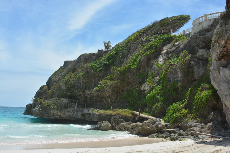 Grande rocha com vegetação verde ao lado do mar. Imagem para ilustrar o post chip internacional para Barbados.
