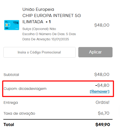 Captura de tela de um resumo de pedido on-line mostrando um chip de internet 5G com um cupom de desconto aplicado, reduzindo o custo total.