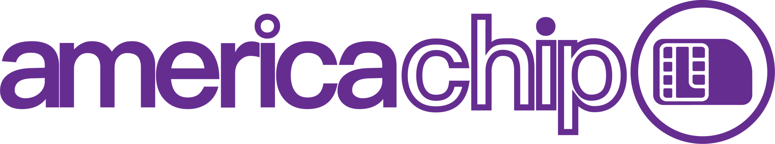 Logotipo com o texto "americachip" em roxo, apresentando um design de cartão SIM dentro da letra "o".