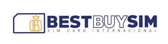 Logotipo da Best Buy Sim com um ícone de cartão SIM estilizado e o texto "SIM Card Internacional.