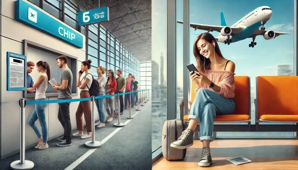 Pessoas fazem fila no balcão de check-in do aeroporto; uma mulher está sentada perto, sorrindo para o telefone e tendo um avião decolando à vista.