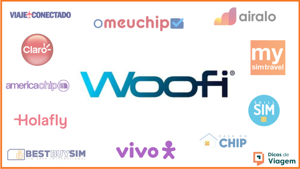 Imagem mostrando logotipos de várias empresas de telecomunicações, incluindo WooFi, VIVO, Claro, Holafly e outras, em um fundo branco.
