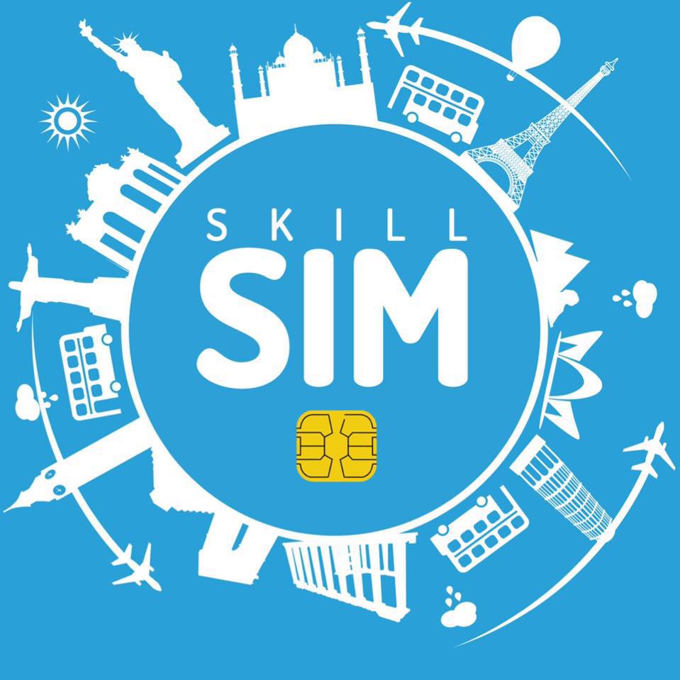 Gráfico azul com texto "Skill SIM". Ícones de globo branco incluem marcos como a Torre Eiffel e a Estátua da Liberdade.