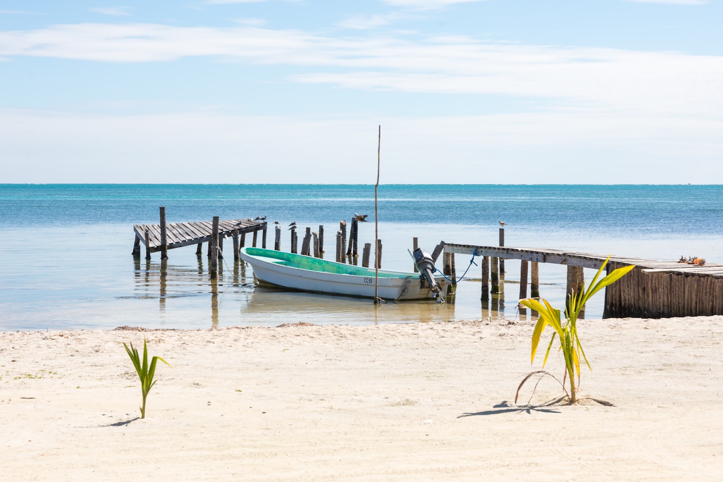 Um pequeno barco em Caye Caulker, em Belize está atracado perto de um píer de madeira desgastado em um mar calmo, com uma praia de areia e duas pequenas palmeiras em primeiro plano. Representa eSIM Belize.
