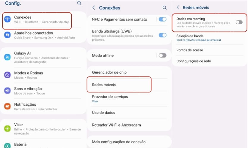 Captura de tela das configurações do celular em português mostrando opções de conexões e redes móveis com seções destacadas.