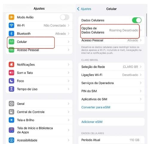 Captura de tela das configurações do smartphone em português, mostrando opções para dados móveis, com roaming desativado e conversão para eSIM.