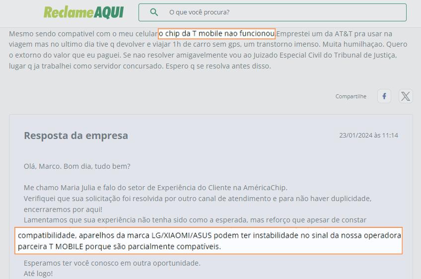 Uma captura de tela de uma reclamação no Reclame Aqui sobre um chip da T-Mobile que não funciona. A resposta menciona problemas de compatibilidade com alguns dispositivos.