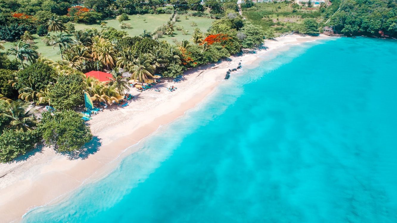 Vista aérea de uma praia tropical com águas azul-turquesa, árvores verdes exuberantes, um edifício com telhado vermelho e pessoas na areia, na Granada. Representa aluguel de carros no Caribe.