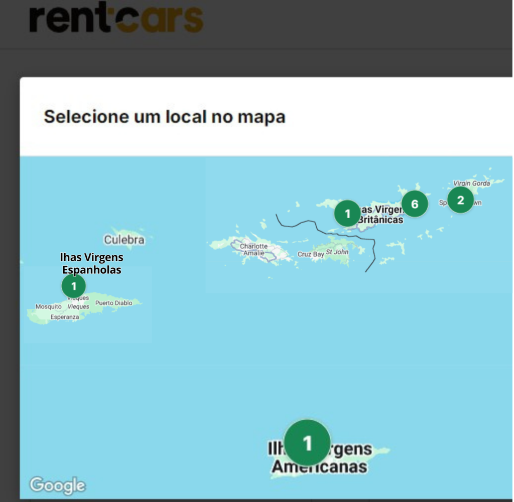 Um mapa exibe a localização das Ilhas Virgens Americanas, Espanholas e Britânicas, com marcadores numerados em cada local.