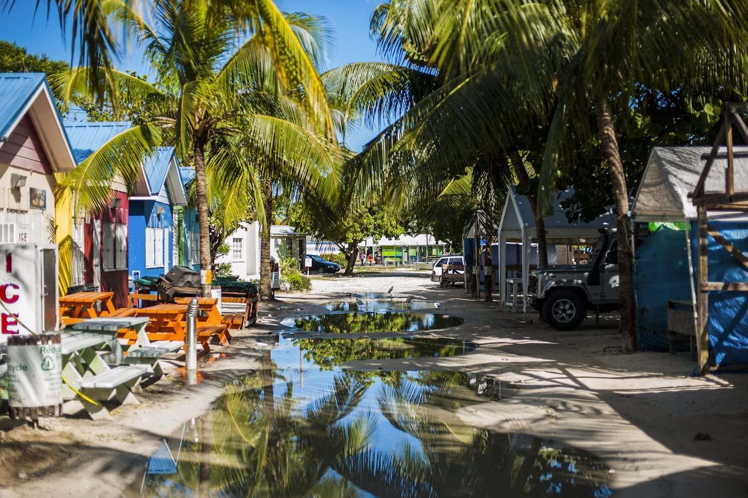 Uma rua de areia ladeada por palmeiras e edifícios coloridos, com grandes poças d'água refletindo o cenário, em Barbados. Representa eSIM Barbados.